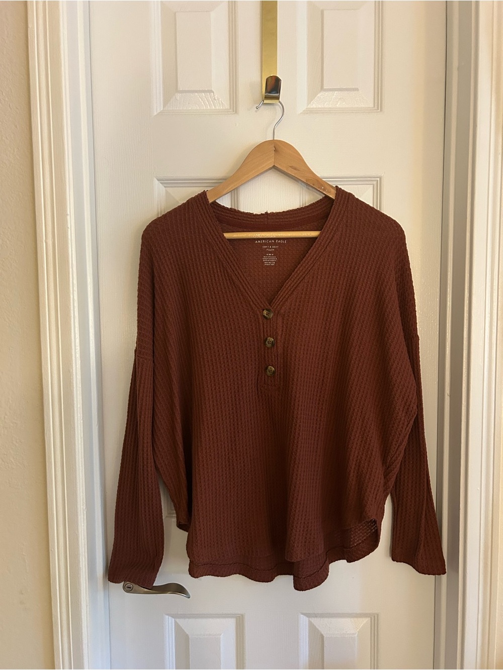 AE Waffle Knit Henley Top in Rust Brown